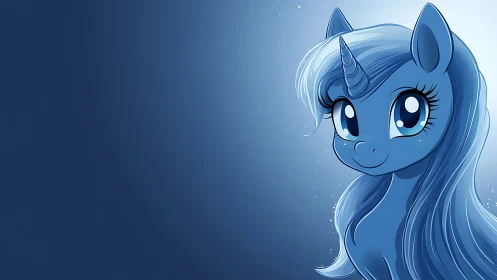 Smiling blue unicorn pony glows softly in a dreamy night