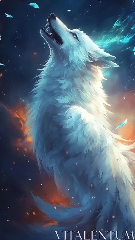 Celestial white wolf rising through glowing cosmic winds.