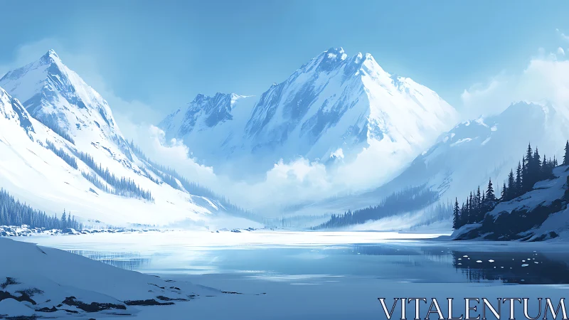 Snow-covered mountain basin surrounds partially frozen lake