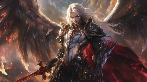 Winged armored warrior holding sword in fiery sky scene.