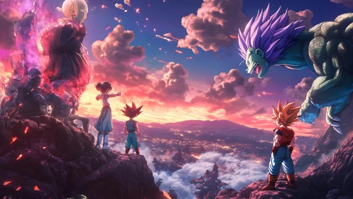 Anime heroes confront giant monster over burning valley.