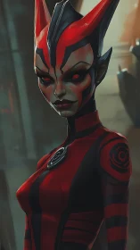 Red and black horned humanoid in futuristic uniform profile.