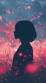 Dreamy silhouette of a girl glowing in soft twilight fields.