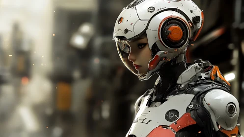 Female android in white and orange armored exosuit profile.