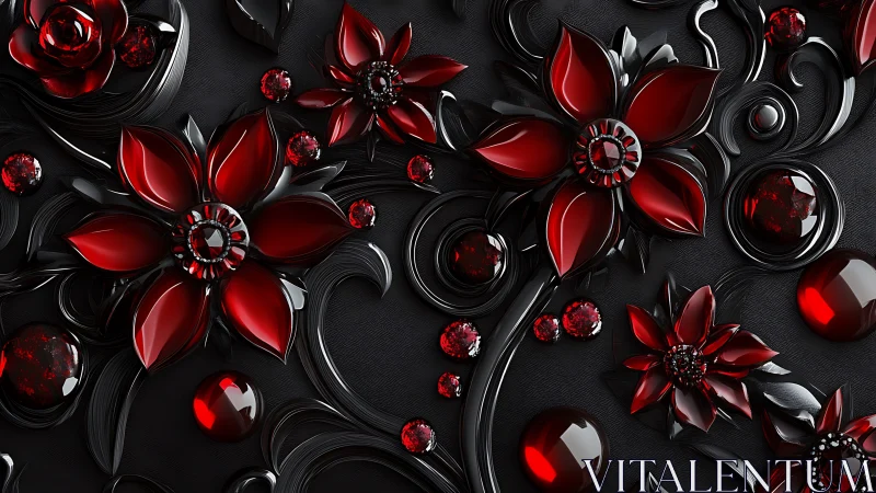 Red Gemstone Flowers on Black Ornamental Background.