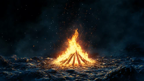 Radiant Bonfire Erupting Against Starlit Night Sky
