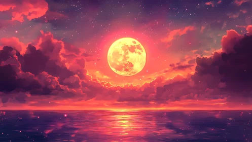 Radiant full moon dominates a neon twilight ocean horizon