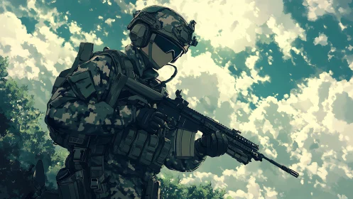 Calm soldier stands ready beneath a bright drifting sky