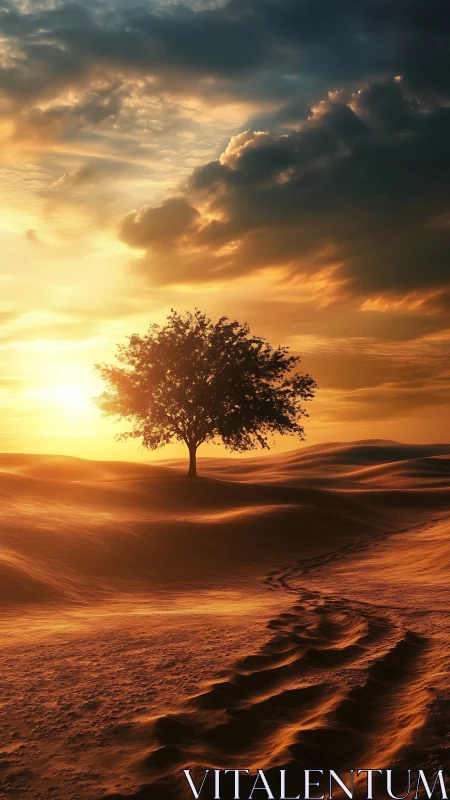 Solitary desert tree under low golden sunset light.