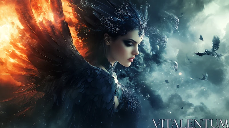 Winged elemental goddess in dual fire and ice environment.