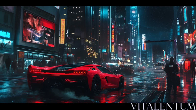 Red supercar idles in neon soaked cyberpunk city street