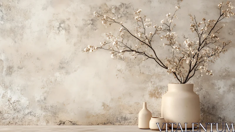 Minimal still life with ceramic vases and flowering branches.