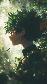 Profile portrait of green-haired youth in dense backlit foliage