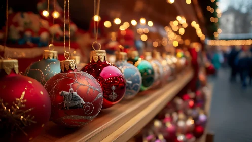 Cozy Christmas ornaments glowing softly at a festive market.