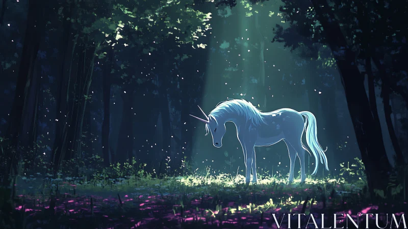 Moonlit unicorn pauses where forest shadows forget time