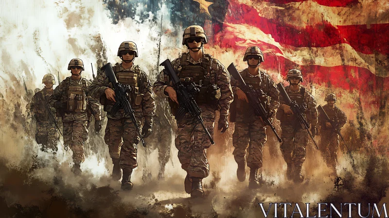 Modern infantry squad advancing before distressed US flag backdrop