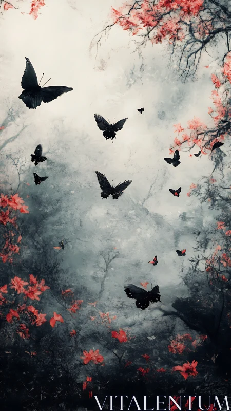 Midnight butterflies drift through crimson forest mist