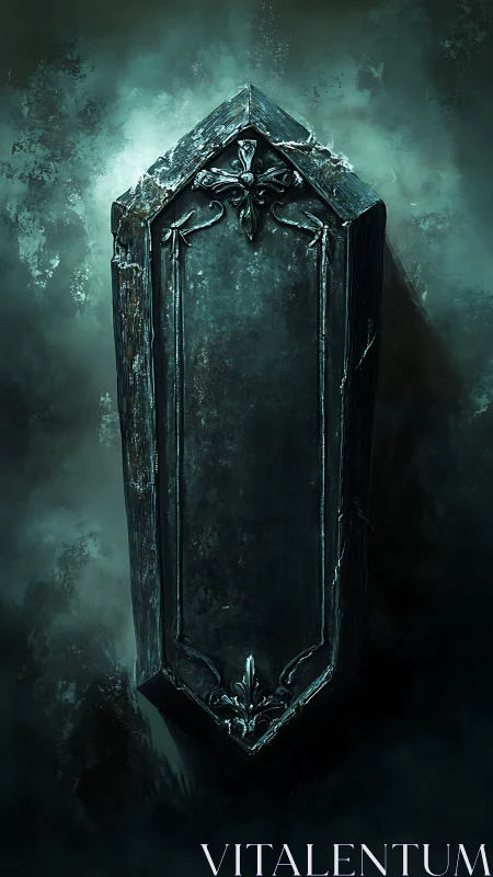 Gothic stone coffin in eerie green misty darkness.