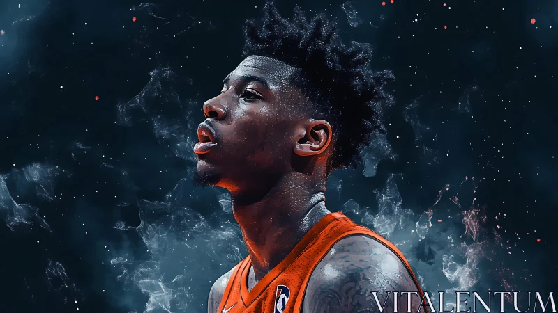 Basketball portrait glows within cosmic smoke backdrop.