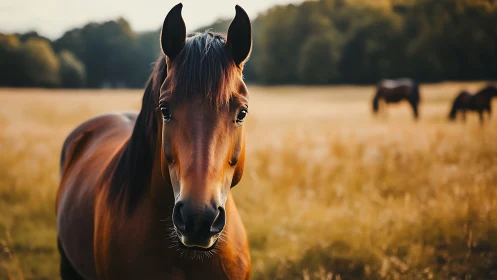 Shallow depth field portrait isolates bay horse in warm pasture