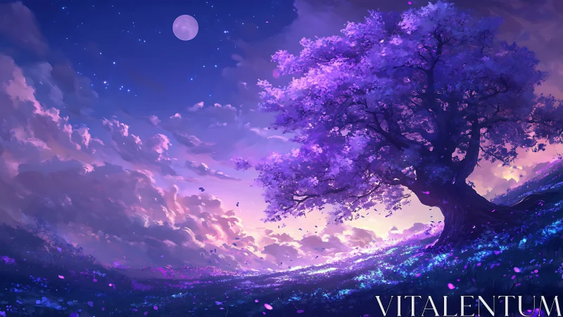 Large purple tree dominates glowing twilight hillside landscape
