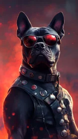 Armored bulldog in sunglasses commands a fiery, cinematic scene