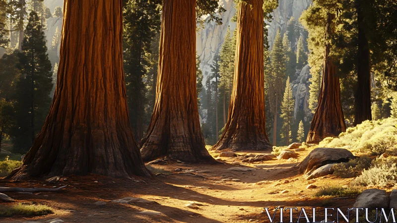 Giant Sequoia Grove Forest Interior with Atmospheric Sunlight Penetration