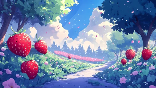 Surreal strawberry meadow under luminous spring sky.