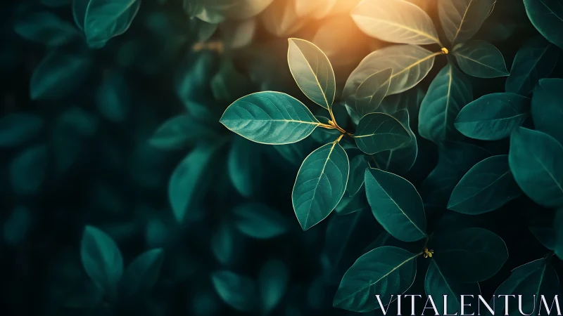 Backlit green foliage with shallow depth and warm rim light