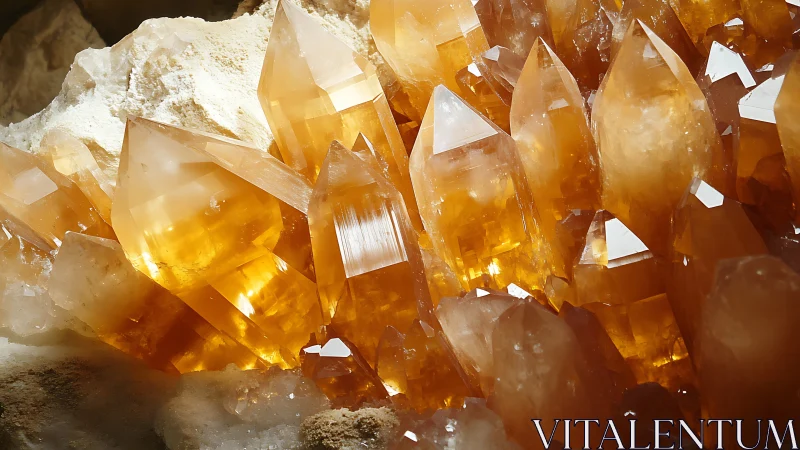 Sunlit golden crystals rise in a glowing mineral cluster