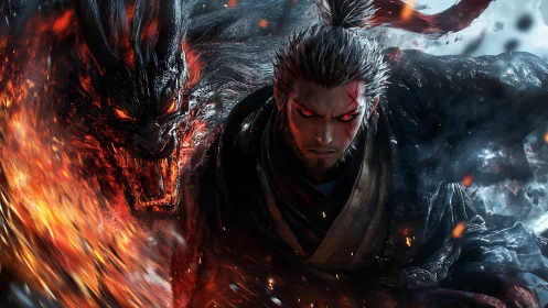 Demonic yokai warrior in high-energy elemental convergence.