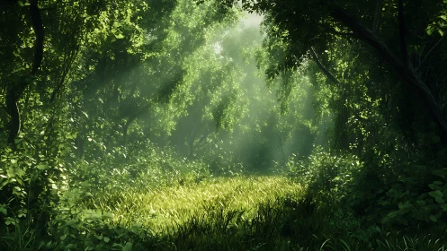 Luminous Forest Corridor with Crepuscular Rays and Verdant Canopy