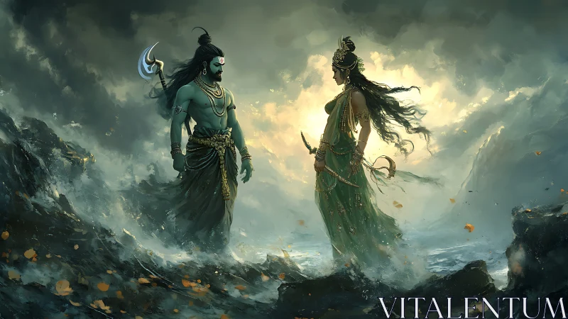 Divine warrior couple confronts the stormy ocean horizon.