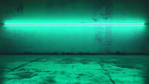 Neon tube glows over distressed green concrete studio wall