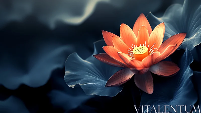 Glowing lotus flower blooms softly against deep blue shadows