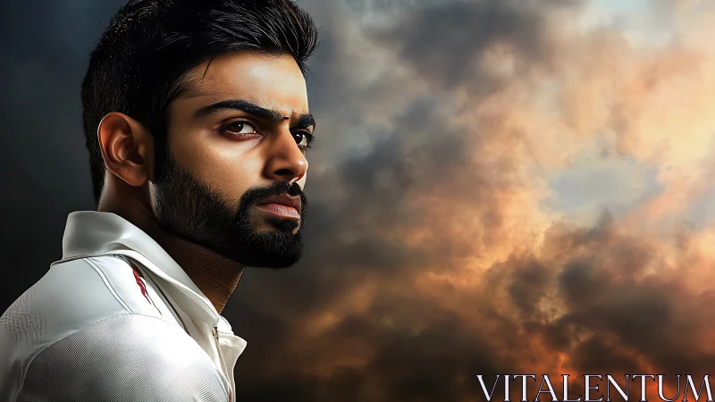 Bearded man in white shirt looking sideways under stormy sky