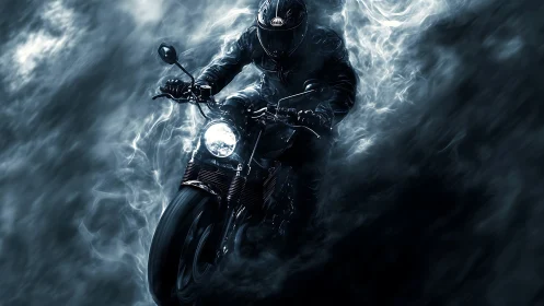 Motorcyclist rides through swirling nocturnal smoke