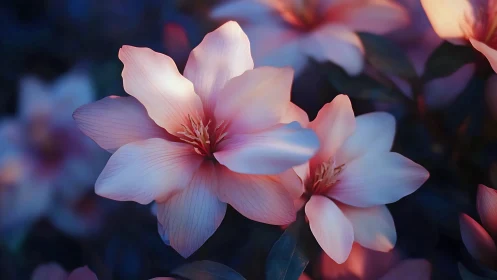 Translucent Pink Blossoms with Deep Red Centers Under Soft Blue Light