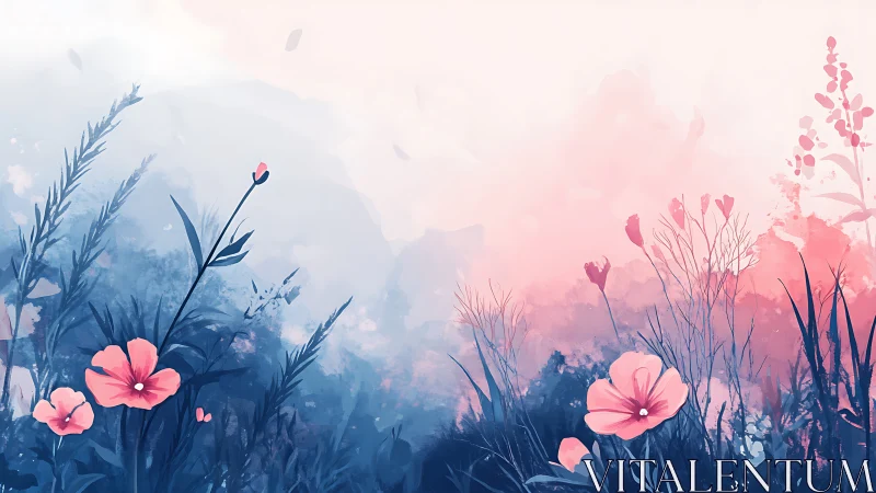 Ethereal Floral Gradient: Digital Botanical Landscape with Watercolor Sensibility.