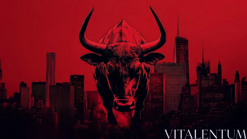 Aggressive stylized bull silhouette dominates red urban skyline