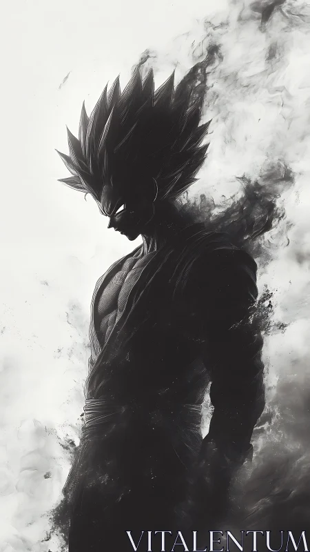 Shadow-charged warrior silhouette in monochrome energy storm.