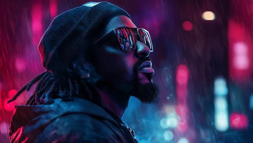 Neon city portrait under rain with reflective sunglasses.