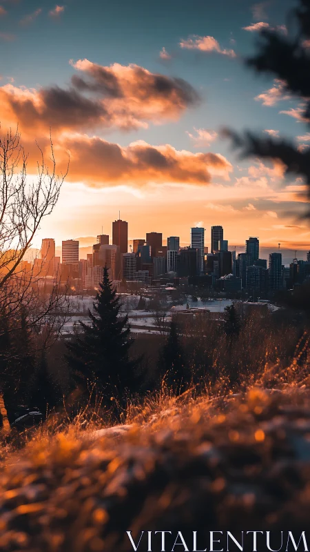 City skyline stands beyond sunlit hillside during sunset
