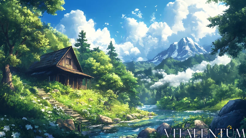 Wood cabin beside river under bright mountain sky.