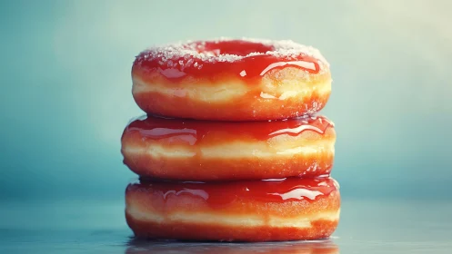 Glazed donuts stack gleams softly against a cool pastel backdrop