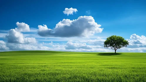Solitary green tree resting under wide open summer skies.