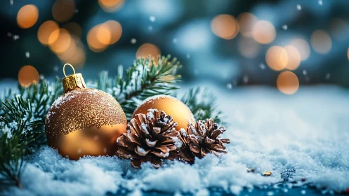 Frosty gold baubles and pinecones whisper quiet winter magic.