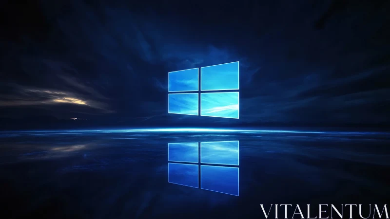 Glowing blue window logo over reflective water surface.