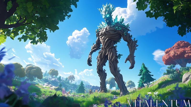 Forest colossus strides calmly beneath a candy-blue sky