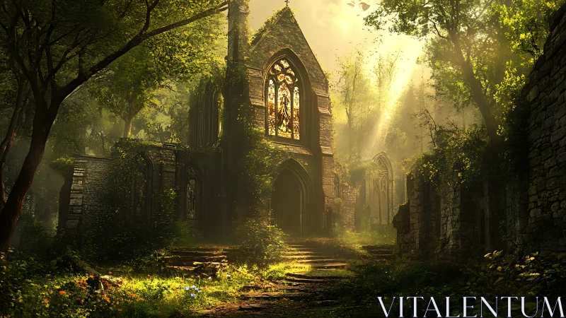 Sunlit ruined chapel stands within dense overgrown forest.